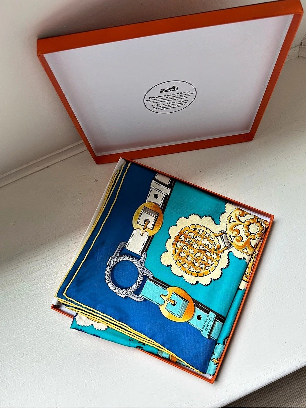 Hermès Cuivreries Carré 90 Silk Scarf Teal Blue Gold + Original Box